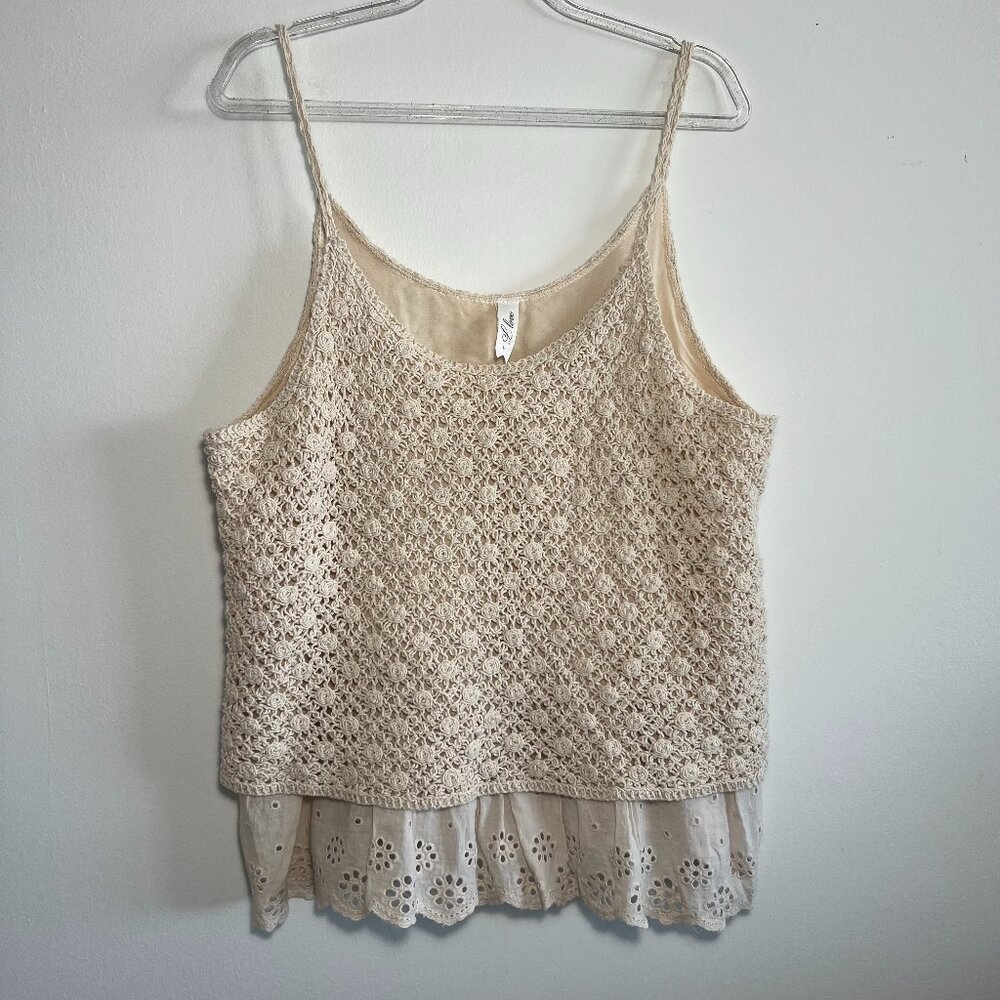 L Love Boho Crochet Tank Top Size Large Knit with Eyelet bottom ruffle